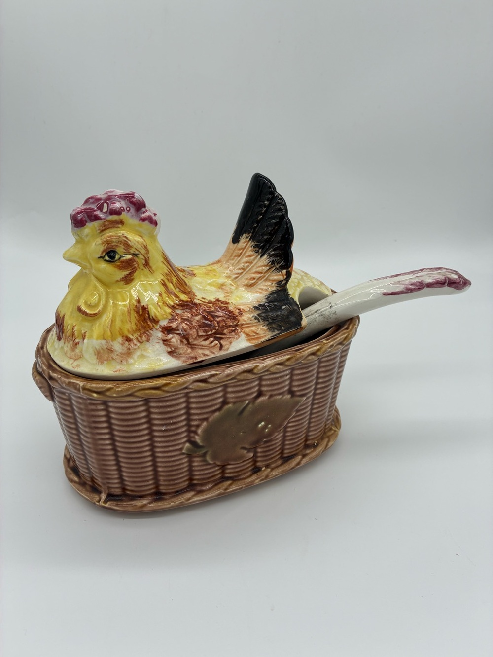 Ceramic Hen on Basket Lidded Dish - Yellow and Brown